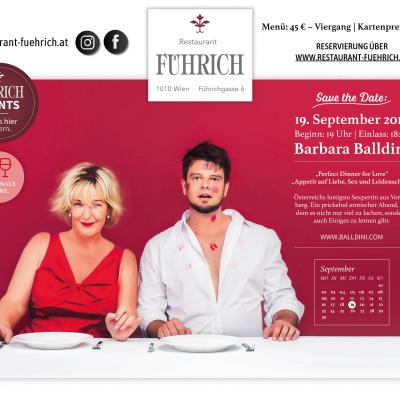 Bild 1 zu DINNER FOR LOVE - mit Barbara Balldini  am 19. September 2019 um 19:00 Uhr, Restaurant Führich (Wien)