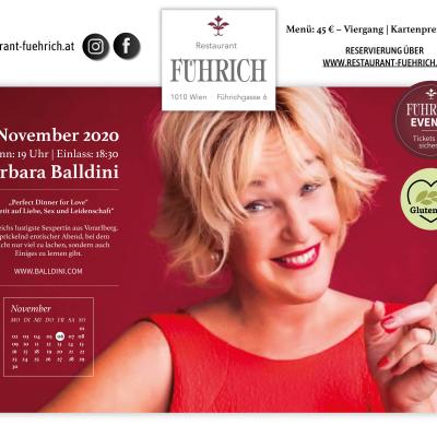 Bild 1 zu Dinner for Love mit Barbara Balldini am 06. November 2020 um 19:00 Uhr, Restaurant Führich (Wien)